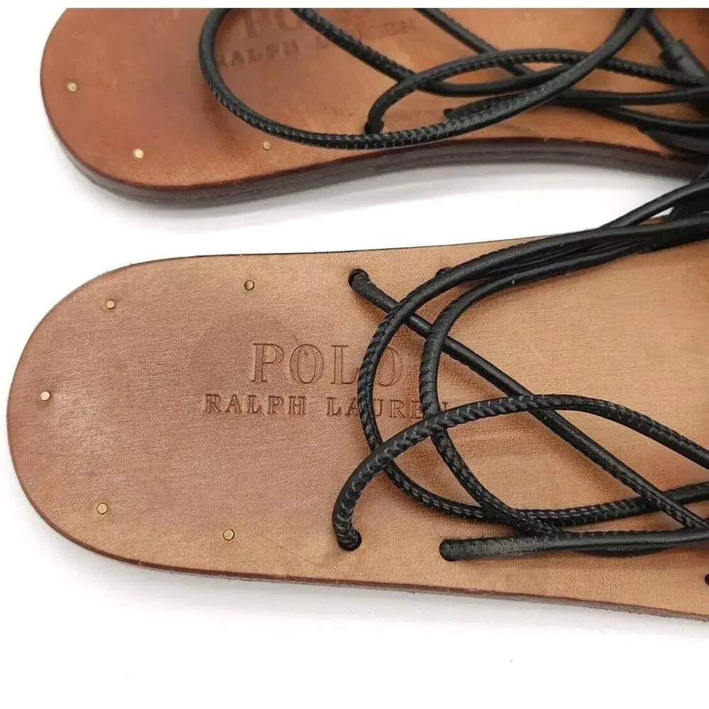 Polo Ralph‎ Lauren (Womens Size 6) Leather Flat Leg Lace Up Sandals Shoes Black